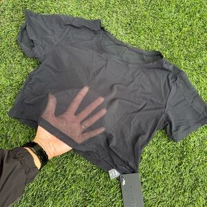 Alphalete Black Sheer Crop Tee with Mesh Hem
